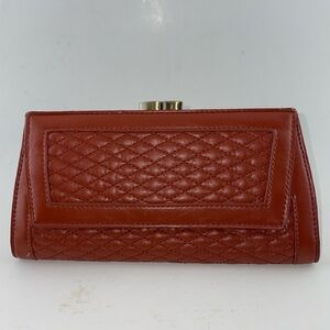 Vintage Burnt Orange Leather Kiss Lock Wallet Clutch Woven Detail